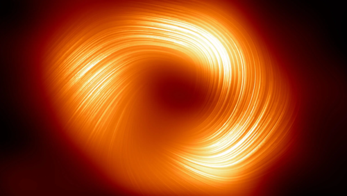 Fiery orange red swirls represent the magnetic field of the Sagittarius A black hole.