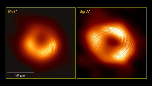 Side-by-side comparison of the magnetic fields around the black hole at the centre of the M87 galaxy (left) and the Sgr A* black hole at the centre of our galaxy, the Milky Way. 
