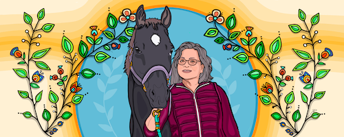 An illustration of Lenore Keeshig and her horse.