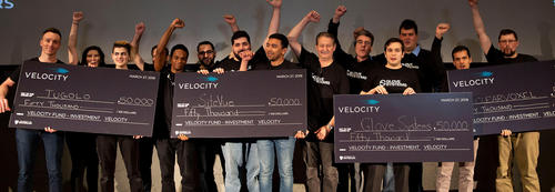 Velocity Fund winners with their oversized cheques.