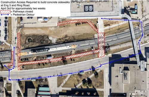 An aerial view of the ION tracks showing closures and detours.