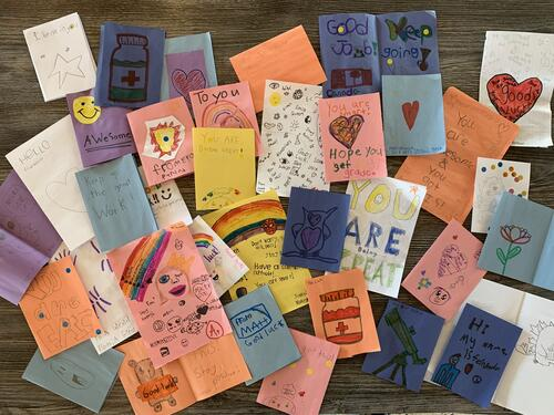 Thank you letters elementary school students made for Waterloo Pharmacy students who presented.