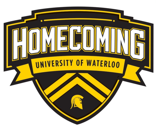 A Homecoming graphic incorporating the University of Waterloo's chevron and the Athletics Greek Helmet.