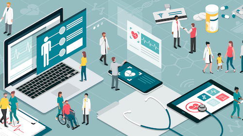 An illustration of healthcare professionals and patients walking across a landscape covered in laptops, pill bottles, and other health-tech objects.