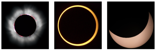 Three images showing different kinds of eclipses.