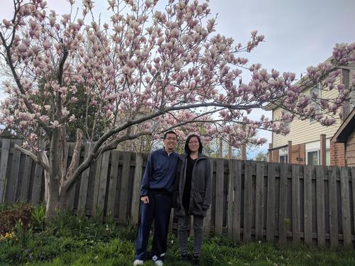 Daniel Hui and his sister Nancy stand together under a blossoming tree.