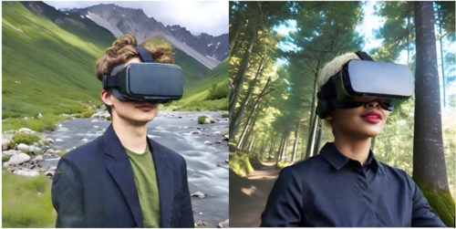 AI-generated images of two people wearing VR helmets while walking in natural environments.