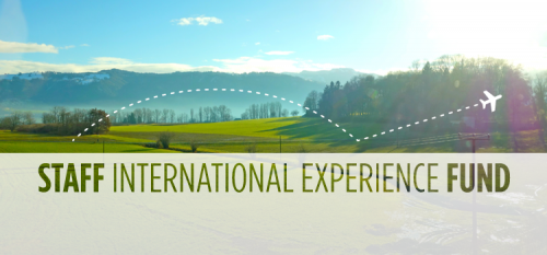 Staff International Experience Fund - an illustrated &quot;travel by map&quot; as a plane streaks across a landscape leaving a dotted line in its wake.