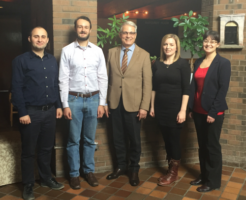 (left to right) Hadi Hosseini (AETS recipient), John Doucette (AETS recipient), Jim Frank (committee chair), Laura Sauder (AETS recipient), and Tiffany Bayley (AETS recipient).