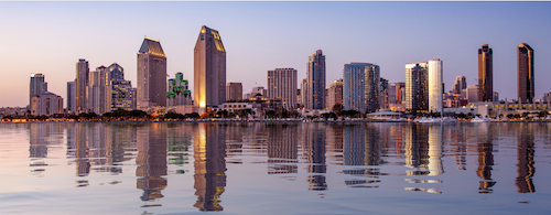 The San Diego skyline - a photo taken out on the water.