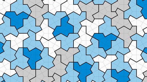 An array of aperiodic tiles in blue, light blue, grey and white.