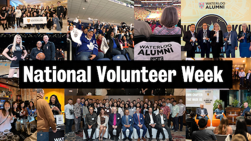 A National Volunteer Week banner featuring a collage of images of Waterloo volunteers.