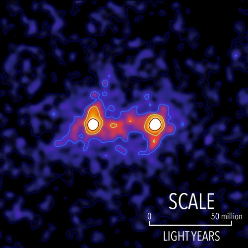 A false-colour image of galaxies connected by dark matter.
