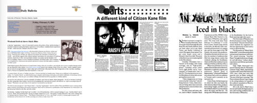 Three images of media coverage of the first Iced In Black film festival from 2001 - the Daily Bulletin, ECHO Weekly, and Imprint.