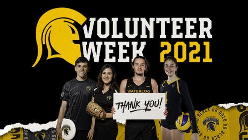 Volunteer Week 2021 banner featuring student-athletes holding 'thank you' signs.