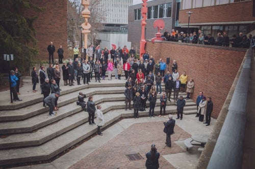Attendees gather in the Arts courtyard for the groundbreaking ceremony.