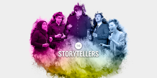 The Storytellers banner featuring a collage of student storytellers.