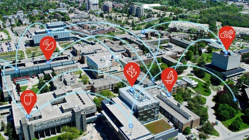 An aerial image of the Waterloo main campus with a Rogers 5G style network graphic superimposed over it.