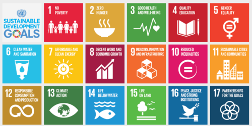 A mosaic of the sustianable development goals in the style of a periodic table.