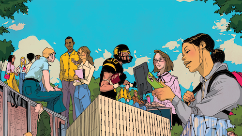 The illustrated banner image for the Then and Now magazine, showing the Dana Porter library and a diverse scene of people.