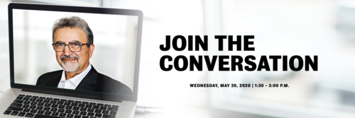 Join the Conversation banner for Virtual Town Hall showing a laptop with Feridun's image on the screen.