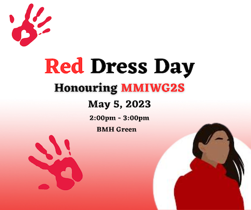 Red Dress Day banner featuring red handprints.