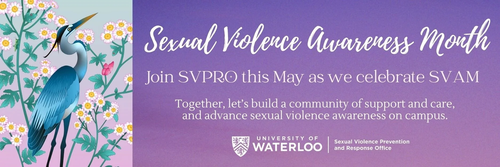 Sexual Violence Awareness Month banner featuring lavender colours and a heron.