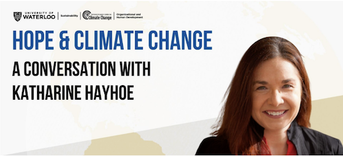 Hope and Climate Change conference banner featuring Katharine Hayhoe.