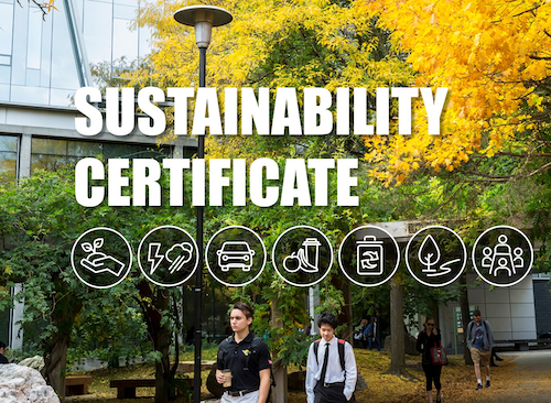Sustainability Certificate banner showing icons and campus greenery.