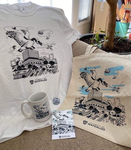 Shirt, buttons, mug, and tote featuring cool goose artwork.
