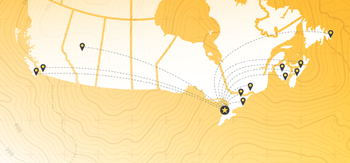 A map of Canada with dotted lines emanating from Waterloo's position in southern Ontario.