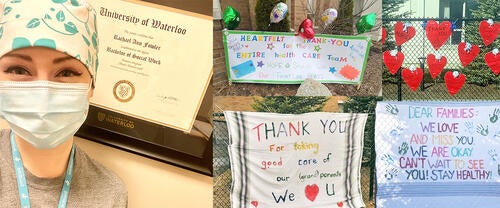 A montage of School of Social Work activities including thank-you notes and PPE masks.