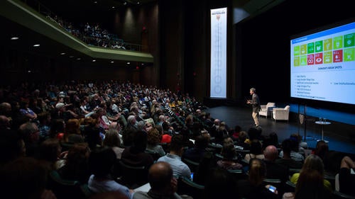 Jeffrey Sachs speaks in the Humanities Theatre.