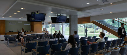 Students await interviews in the Tatham Centre lounge.