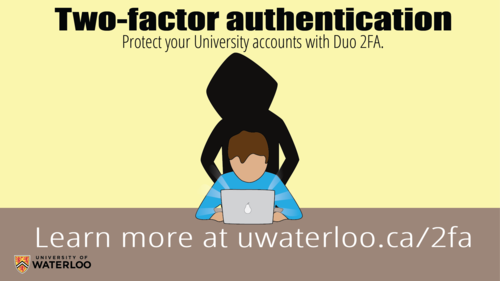 A Two-Factor Authentication banner showing a hooded hacker lurking behind a person using a laptop.