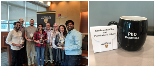 PhD candidates gather to celebrate. They received special coffee mugs.