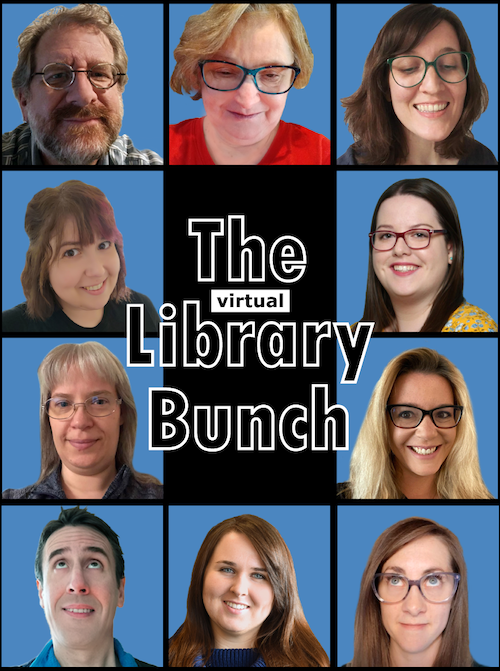 Library staff members in a collage reminiscent of the Brady Bunch opening title card.