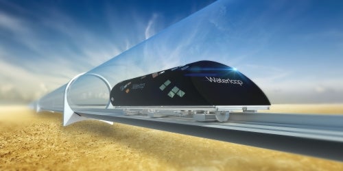 An artist's render of the Waterloop Hyperloop pod inside the tube.