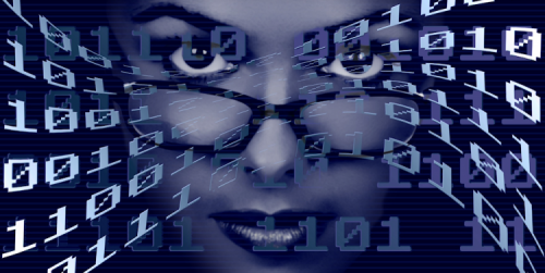 Digital Dilemmas banner showing a woman's face with binary code superimposed.