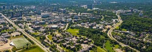 An aerial view of the University of Waterloo's main campus.