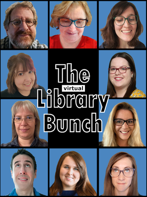 Library staff in a tiled framework that evokes the Brady Bunch opening credits.