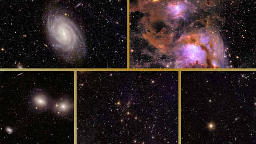 A collage of five images from the Euclid telescope exploring deep space.