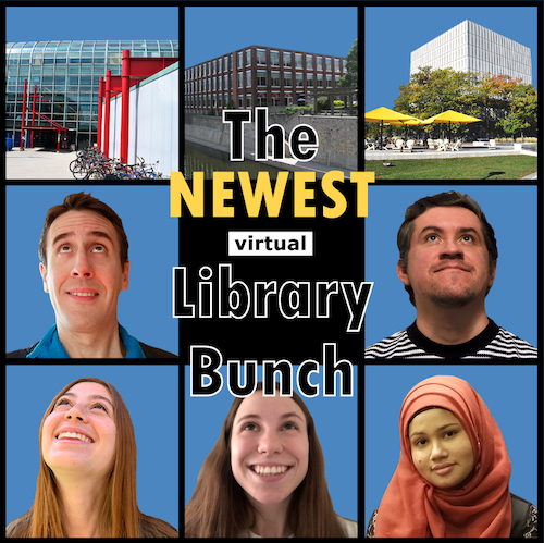 The Newest Virtual Library Bunch image featuring staff members and campus locations stacked to look like the Brady Bunch opening credits.