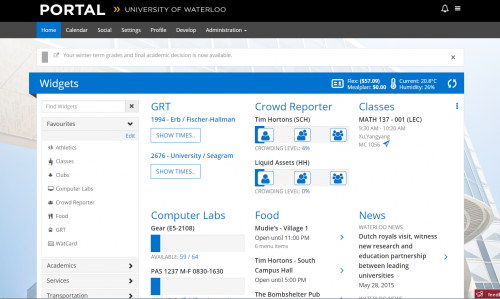 A screenshot of the student portal that shows widgets.
