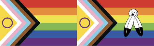 The trans-inclusive Pride Flag next to the Two-Spirit pride flag.