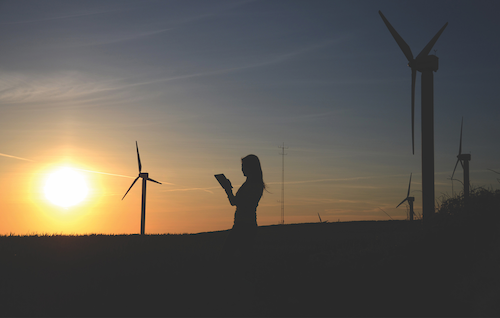 A woman stands in a field with wind turbines as the sun sets.