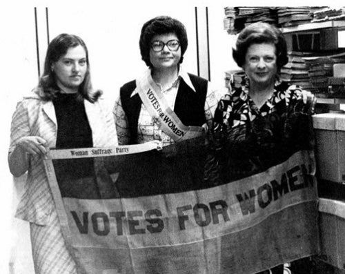 NCWC members and Doris Lewis (right) displaying suffragette materials from the Lady Aberdeen Collection, 1967. [Photo from Special Collections &amp; Archives]