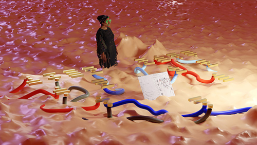 A colourful still from Shirin Fahimi's video installation.