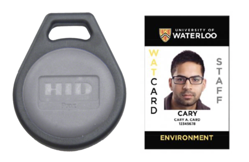 An HID keychain fob next to a sample WatCard.