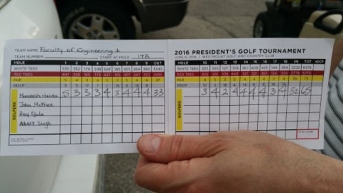 The winning President's Golf Tournament card.